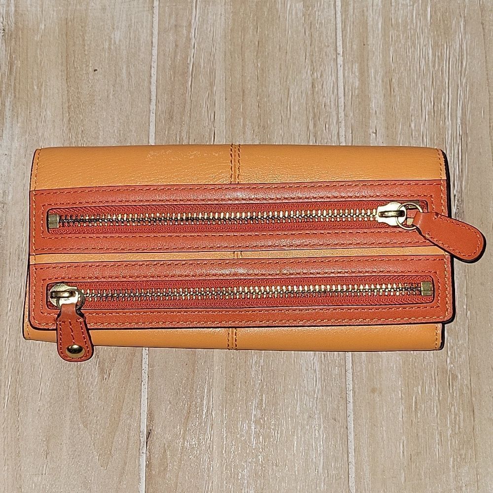 Coach Leather Double Zip Flap Wallet Orange